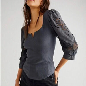 Free People Gray Embroidered Top